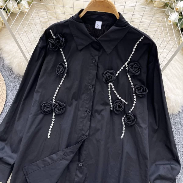 LW0351 Heavy Diamond Rose Flower Shirt Women'S New Autumn Loose Slimming Lapel Long Sleeve Top 2025 Spring