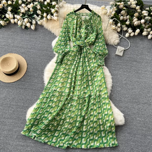 LE2565 Autumn Elegant Party Maxi Dresses Chiffon Pleated Printed Dress Women'S Boutique Bubble Long Sleeve Floral Holiday Robe