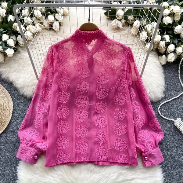 LW0508 Blouses Elegant Woman 2025 New Lace Embroidery Set Diamond Single Breasted Chic Mesh Top Blouses for Lady