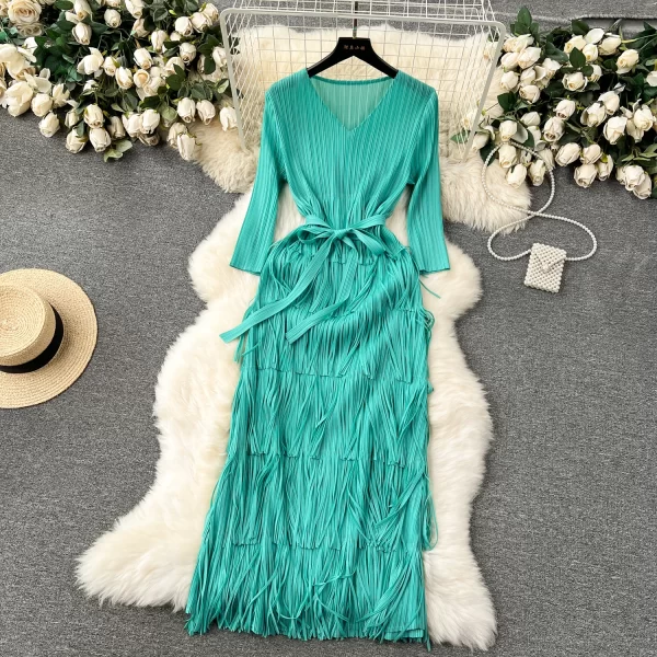 LE2515 Luxury Draped Tassels Midi Dresses Female Loose Ruffled Dress Socialite Evening Gown Elegant Large Size Party Long Dress