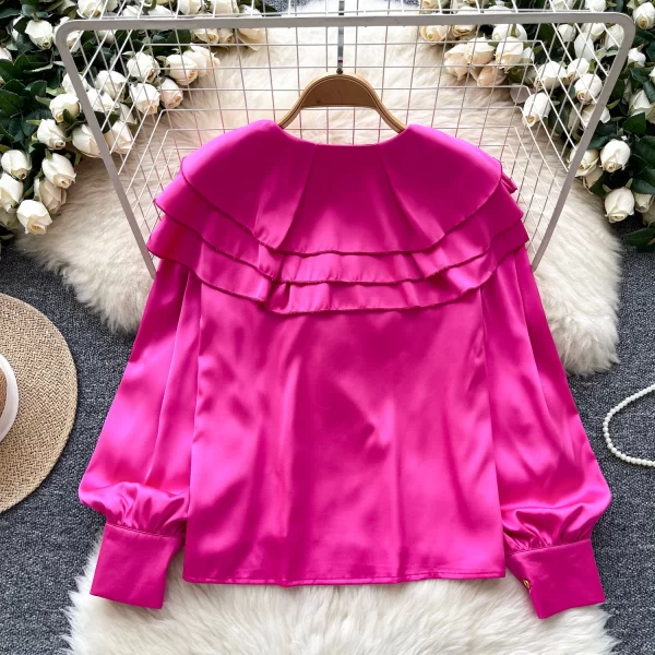 LW0355 2025 Springlight Luxury Senior Sense V-Neck Shirt Women'S Autumn Satin Ruffled Temperament Top Blouses Elegant Women