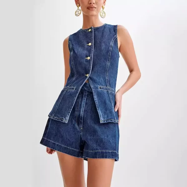 Summer Fashion Casual Sleeveless High Waisted Women's Suit Denim Shorts Suit