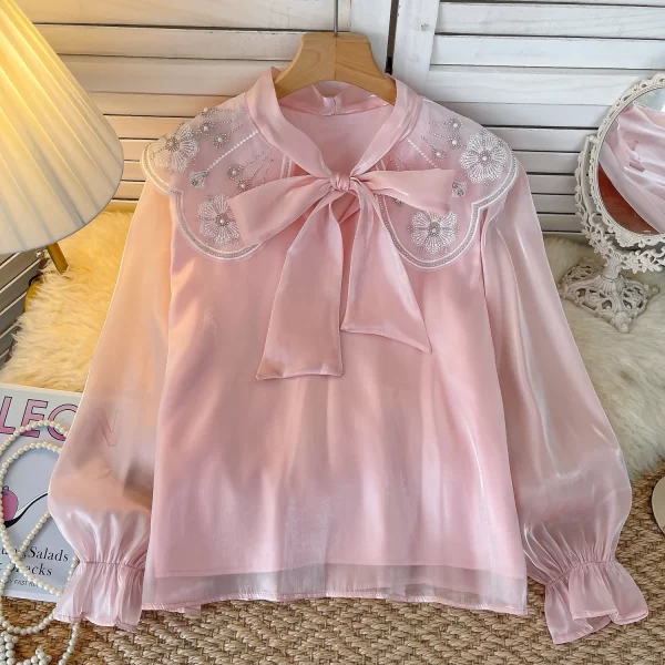 LW0352 French Gentle Atmosphere Lotus Sleeve Shirt Mesh Bow Embroidery Diamond Design Blouses Elegant Women