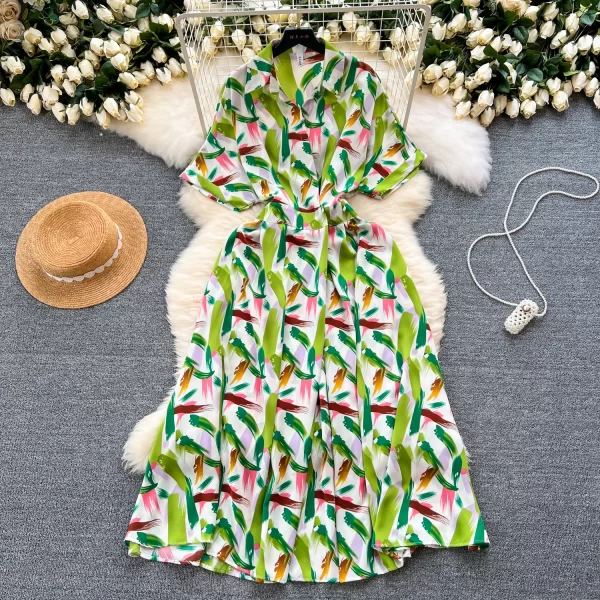 LE2521 Vintage Mature Maxi Woman'S Shirt Dresses Large Swing Dress Irregular Print Female Long Office Lady Belted Long Dress