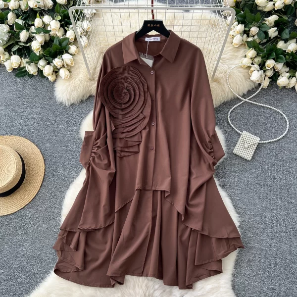 LW0521 Senior Sense Polo Collar Shirt Women 2025 New Tops for Women Three-Dimensional Flower Irregular Fold Tail Design Blouse