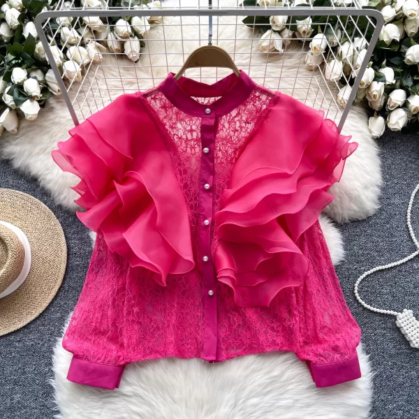 LW0510 Small Crowd Ruffled Edge Stitching Round Neck Pearl Single Breasted Lace Cardigan Blouse Elegant Women Ladies