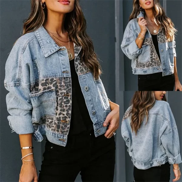 Long Sleeve Jacket Vintage Women's Jacket Leopard Patchwork Ripped Denim Top Casual Cowboy Denim Jacket
