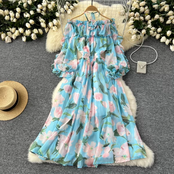 LE2438 Holiday Flowers Printed Dress Woman Off-The-Shoulder Ruffled Chiffon Long Dress Beach Vacation Party Flowing Dress Robe