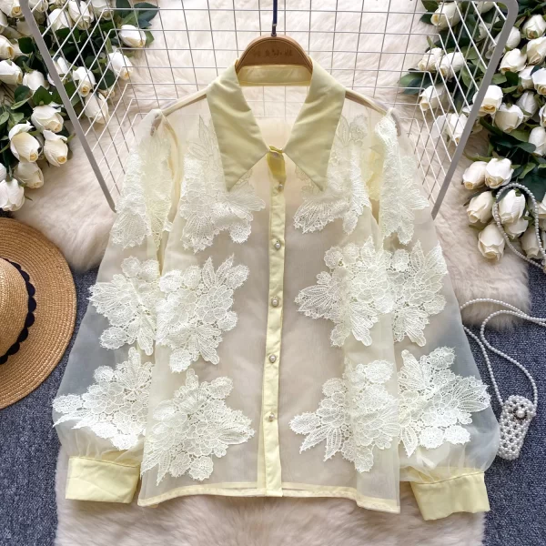 LW0503 2025 New High-Class Floral Embroidery All-In-One Slimming Single Breasted Tulle Shirt Blouses Elegant Women Ladies