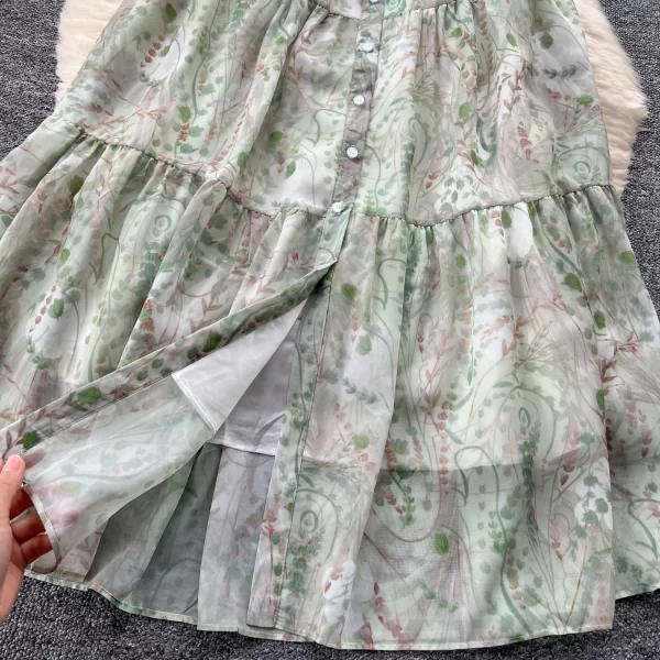 LE2435 Vintage Women Floral Printed Long Dress Falbala Single Breasted Short Sleeve A-Line Maxi Dresses Vacation Long Robes