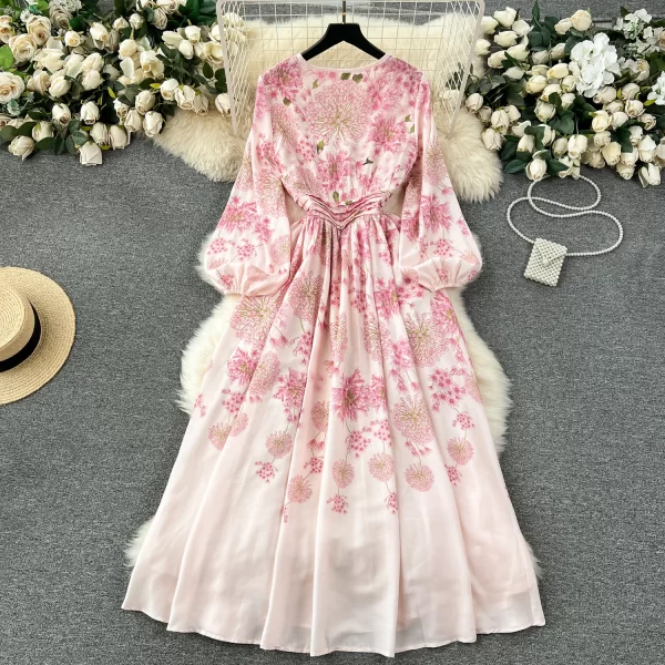 LE2567 Gentle  Floral Casual Women'S Dresses Autumn Female Bow Tie O-Neck Pleated Waist  Holiday Women'S Boutique Printed Dress