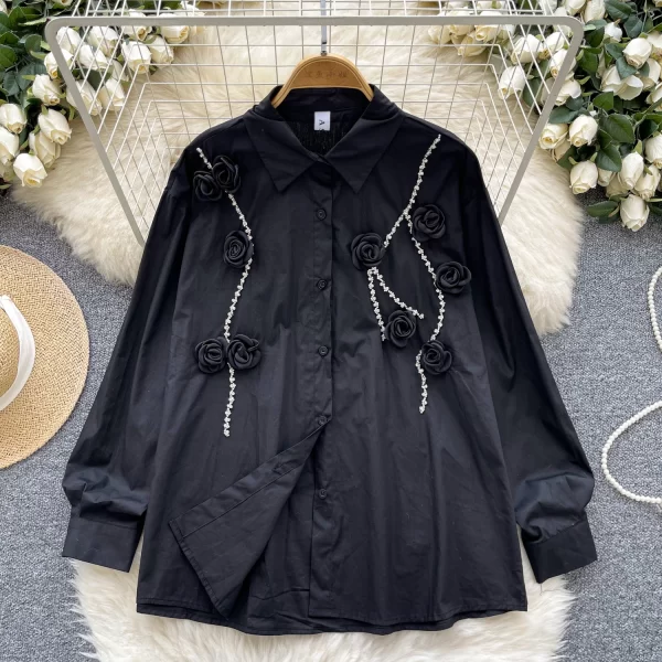 LW0351 Heavy Diamond Rose Flower Shirt Women'S New Autumn Loose Slimming Lapel Long Sleeve Top 2025 Spring