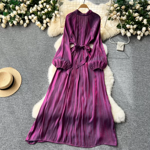 LE2446 Mature Boutique Ladies Evening Gown Niche Belted Stand Collar Long Sleeve Long Dresses Elegant Pendant Streamer Dress