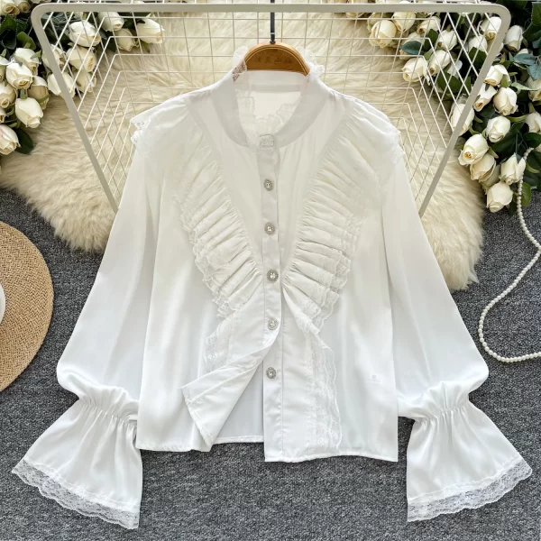 LW0518 Light Wind Shirt Women'S Wooden Ear Edge Splicing Stand Collar Trumpet Sleeve Slimming Satin Blouse
