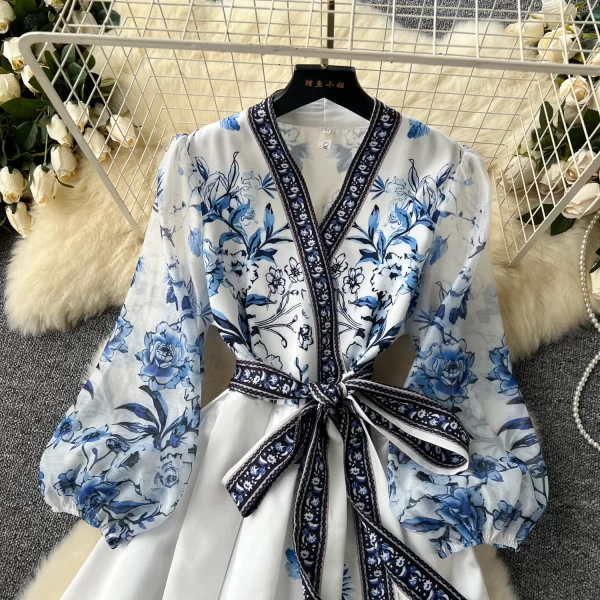 LE2465 Ethnic Style Large Size Print Dresses Socialite Dinner Party One-Piece Wrap Maxi Dress Women Elegant Belted Evening Gown