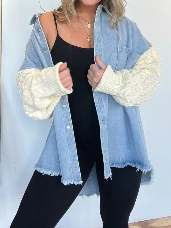 New Streetwear Loose Splicing Sweater Sleeve Denim Tweed Women's Jacket