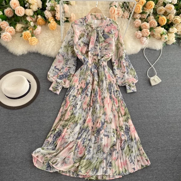 LE2556 Chic Holiday Pleated Midi Womens Dresses Bow V-Neck Bubble Sleeve Floral Print Dress Elastic Waist Chiffon Casual Dress