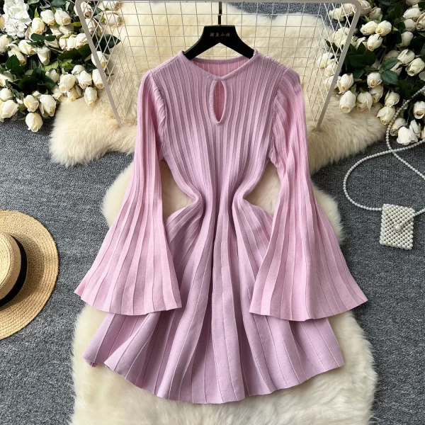 LE2471 Hepburn Style Mini Knitted Dress Female Autumn Winter Temperament Lotus Long Sleeves Korean Slim Fold Short Sweater Dress