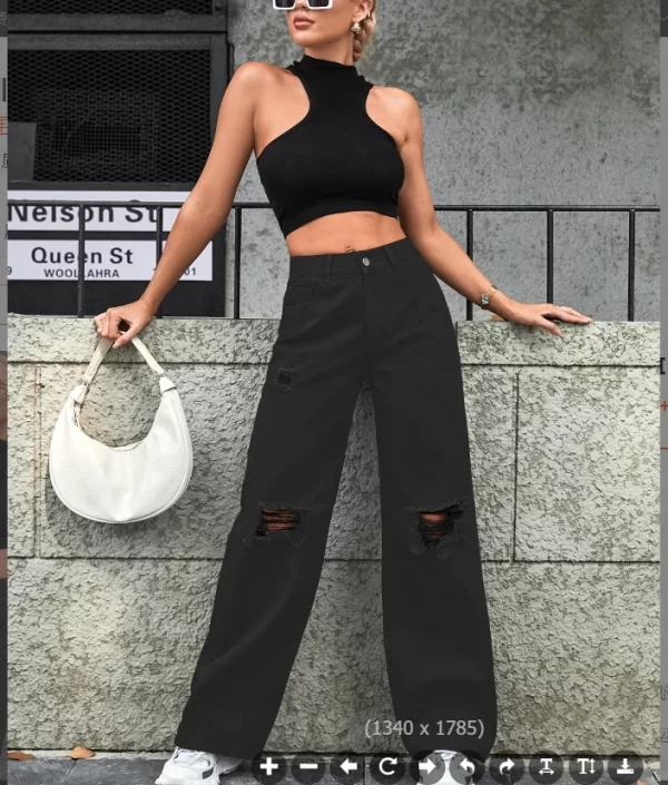 New Fashion Light Blue Ladies Distressed Jeans Softener Fabric With Zipper and Bleached Decoration Wide Leg Design