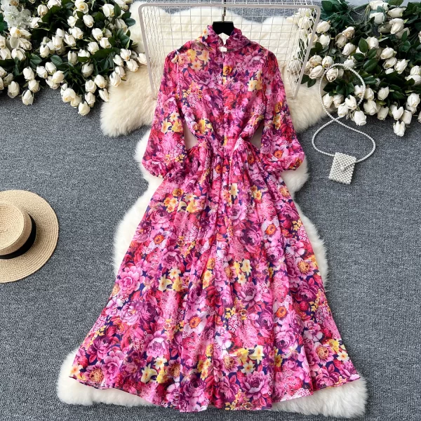 LE2441 2025 Women'S Boutique Chiffon Dresses Elegant Floral Printed Dress Office Ladies Holiday Socialite Party Flowing Robe