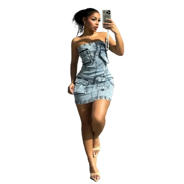 New Spring Off Shoulder Strapless Dress Sexy Backless Tight Mini Dress Fashion Pocket Denim Dresses