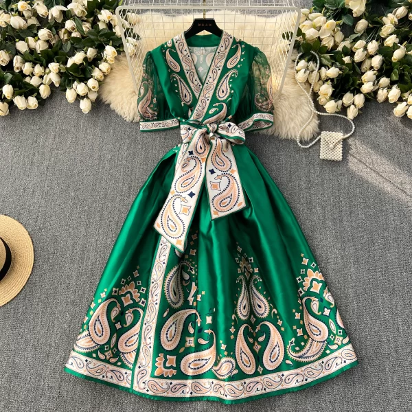 LE2464 Ethnic Style Print Dresses Socialite Dinner Party One-Piece Wrap Maxi Dress Women Elegant Gauze Belted Evening Gown