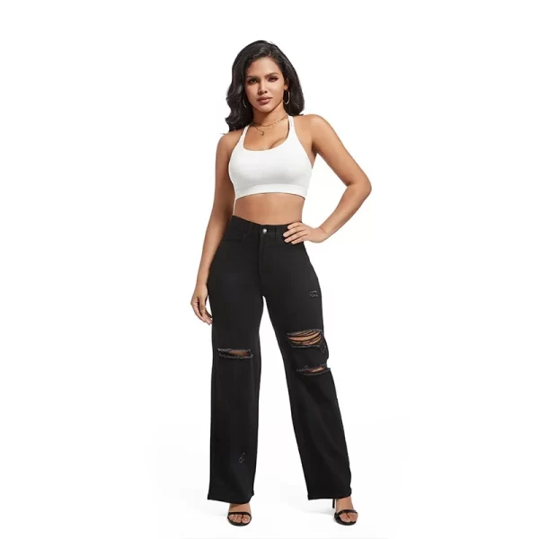 2025 Foreign Trade Black Classic Hole Washed Straight Jeans Pants