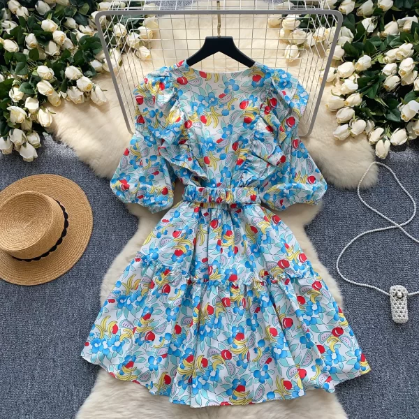 LE2524 Style Mini Dress Female Minority Peplum Stitching Lantern Long Sleeve Pengpeng Printed Dresses