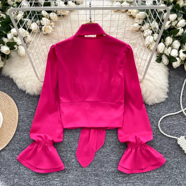 LW0357 Light Luxury Blouse Women'S Satin Ribbon Halter Fold Waist Waist Short Flared Sleeve Tops for Women Casual