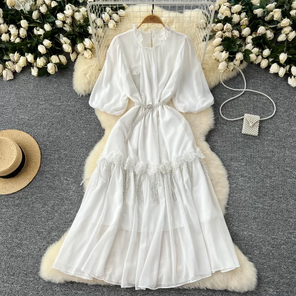 LE2549 Gentle Chiffon Casual Dress Woman Three-Dimensional Flower With Diamond Fringe Lantern Sleeve Midi Dress Lady Long Dress