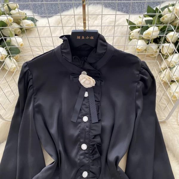 LW0371 French Top 2025 Spring Flower Waist Full Long Sleeve Single Breasted Chic Shirt Blouses Elegant Women Ladies