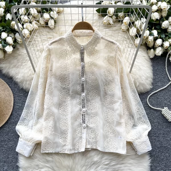 LW0508 Blouses Elegant Woman 2025 New Lace Embroidery Set Diamond Single Breasted Chic Mesh Top Blouses for Lady