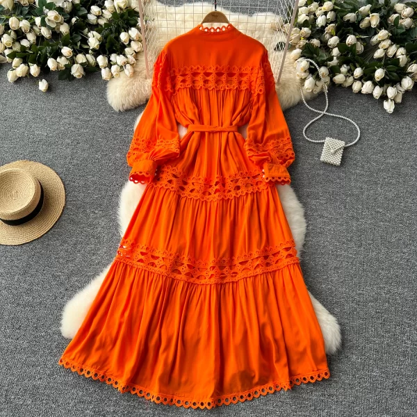 LE2572 Autumn Retro Lace Elegant Party Dresses 2025 Women Boutique Hollow Hook Flower Embroidery Maxi Dress A-Line Female Dress