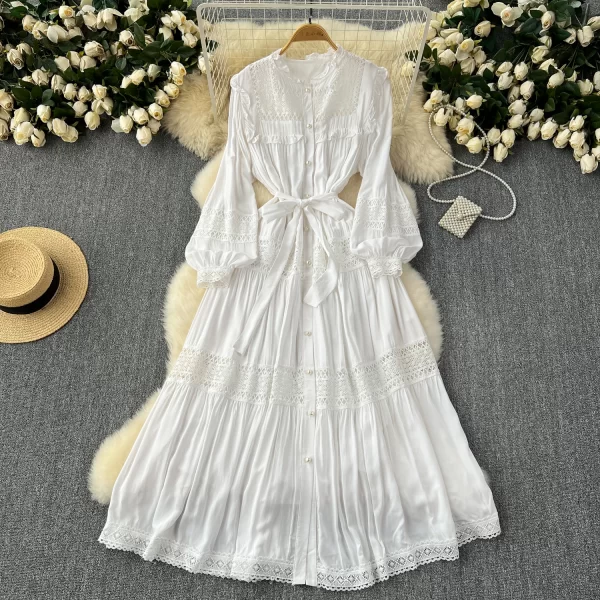 LE2552 Solid Hollow Out Embroidery Maxi Dresses Women Lady Elegant Runway Lace Stitching Evening Gown Holiday Long Casual Dress