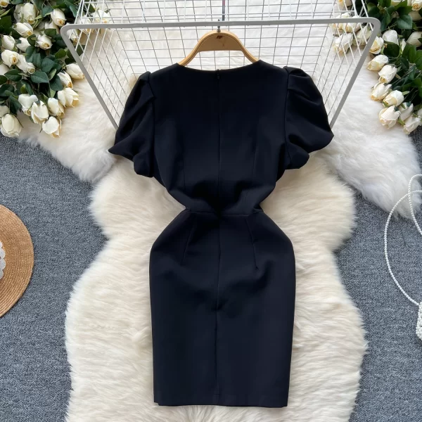 LE2436 High-End Socialite Party Short Dres Female Vintage Hollow Prom Dress Bow Bubble Sleeve Slim-Fit Wrap Hip Black Mini Dress