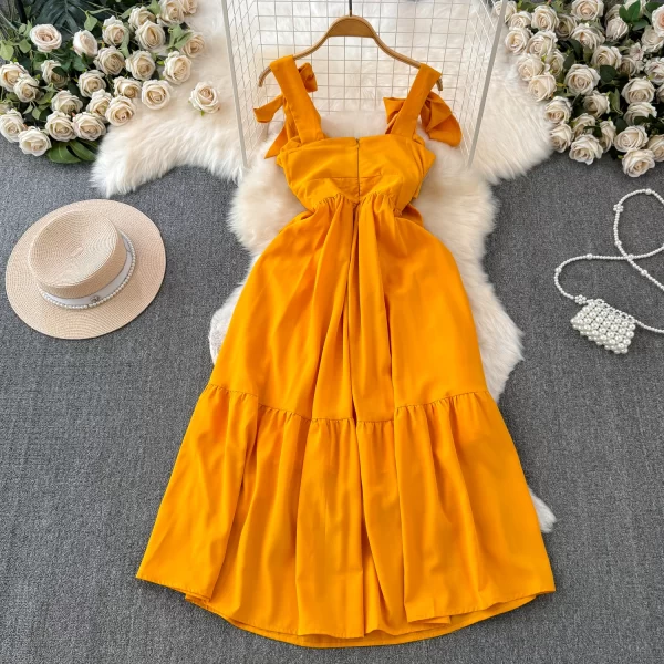 LE2431 Summer Bow Tie Halter Dress Woman Seaside 2025 Niche Holiday Beach Long Fairy A-Line Midi Dresses Yellow Evening Gown