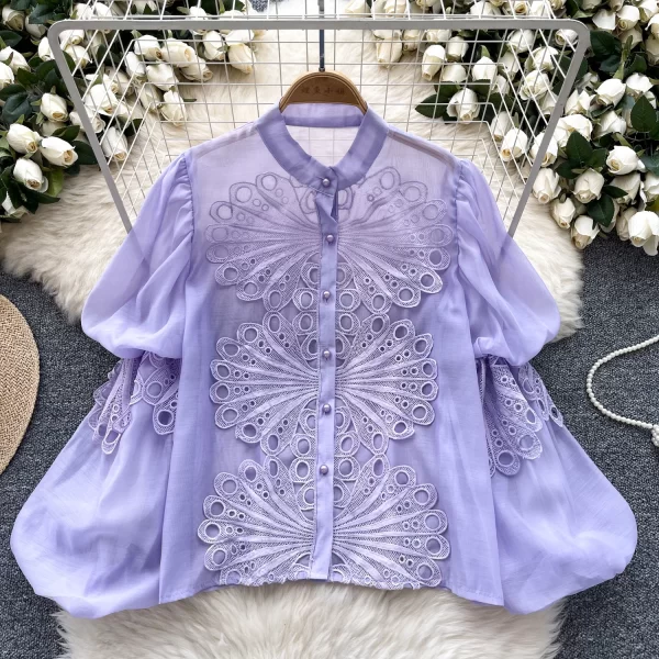 LW0372 French 2025 New Lantern Sleeve Hollowed-Out Lace Embroidery Blouse Women'S See-Through Mesh Top Shirts for Women
