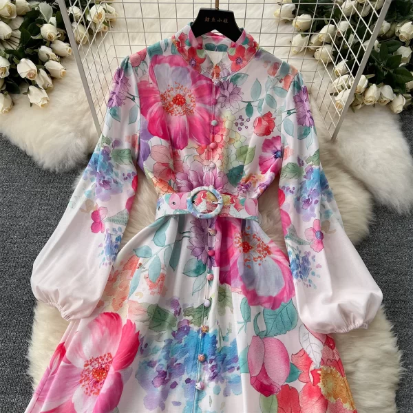 LE2560 Autumn 2025 Floral Series Printed Dresses Ethnic Lantern Long Sleeve Holiday Maxi Dress New Women'S Boutique Evening Gown