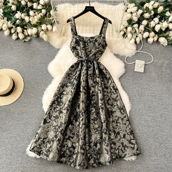 LE2450 Exquisite Gilt Jacquard Dinner Party Halter Dress Royal Sister Boutique Ladies Large Swing Long Dress Chic Banquet Robe