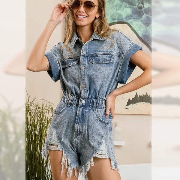 New Spring Women's Denim Jumpsuit Hollowed Out Fringed Loose Washed Jumpsuit Jeans Jeans One Piece Jumpsuit Women