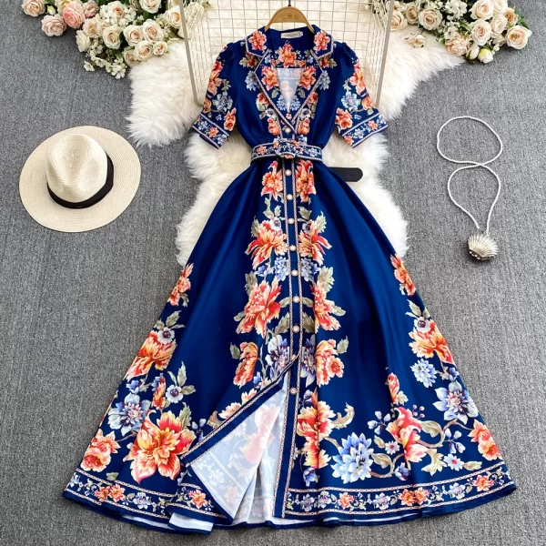 LE2473 Ethnic Maxi Flower Print Dress Lady Elegant Suit Collar Evening Gown Single Breasted A-Line Socialite Party Casual Dress
