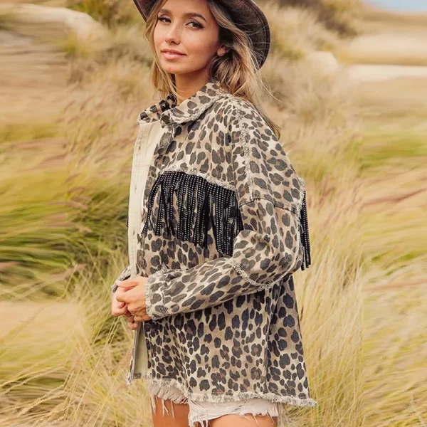New Fringe Denim Jacket Women's Spring Washed and Old Leopard Print Denim Jacket