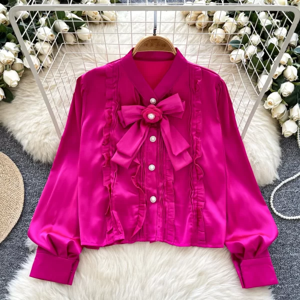 LW0517 High Sense Bow Decorated Long Sleeve Satin Top for Women With a Slim Chic Tops for Women Formal