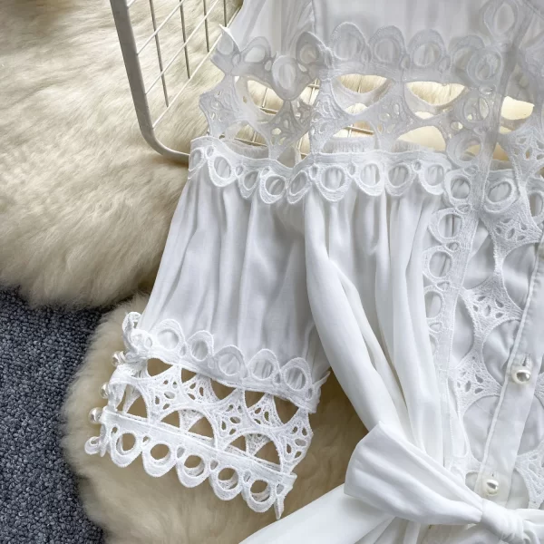 LE2574 Court Style Women Boutique Lace Elegant Party Dresses Hollow Hook Flower Lace Patchwork Mini Dress A-Line Female Dresses