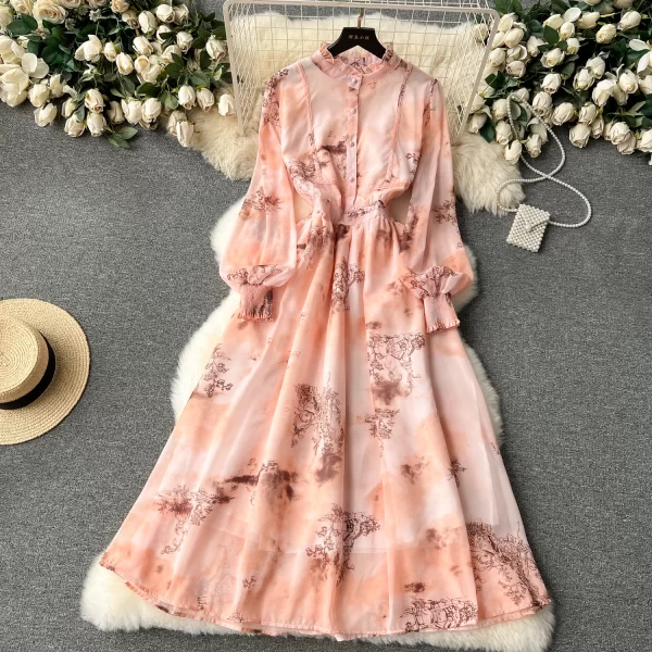 LE2444 Retro Ruffled Casual Dress Women 2025 Irregular Printing Long Dress Holiday Party Evening Gown Office Party Casual Dress