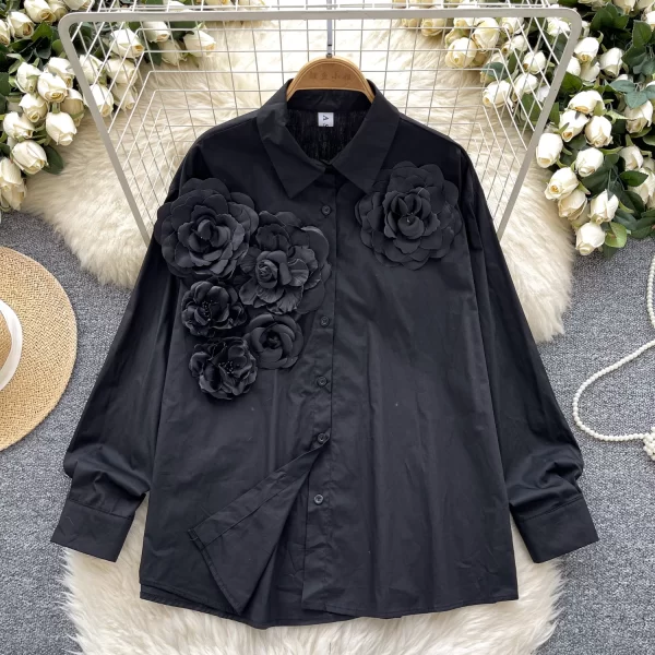 LW0519 Retro Light Luxury Polo Collar Shirt Women Three-Dimensional Flower Loose Design Sense of Temperament Blouse