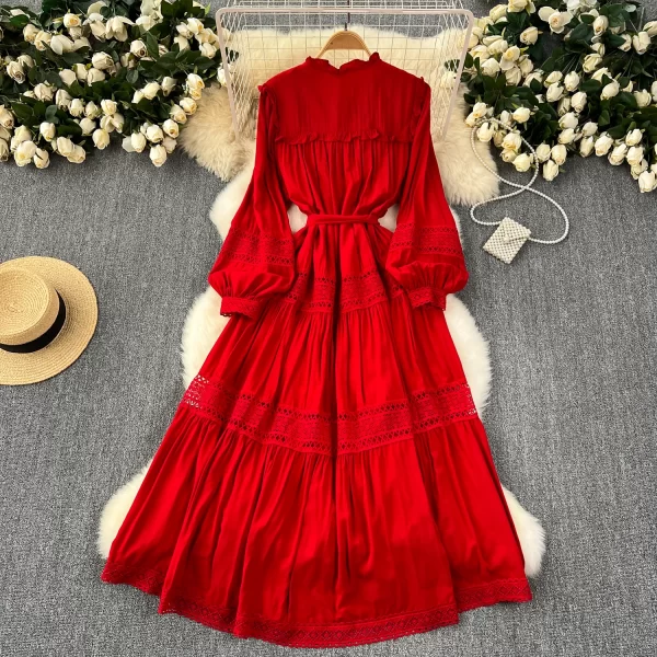 LE2552 Solid Hollow Out Embroidery Maxi Dresses Women Lady Elegant Runway Lace Stitching Evening Gown Holiday Long Casual Dress