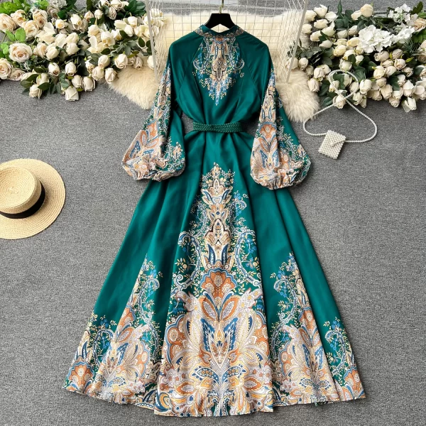 LE2467 Ethnic Style Loose Evening Gown Vintage Maxi Printed Dresses Woman O-Neck Flared Long Sleeve Dinner Long Dresses