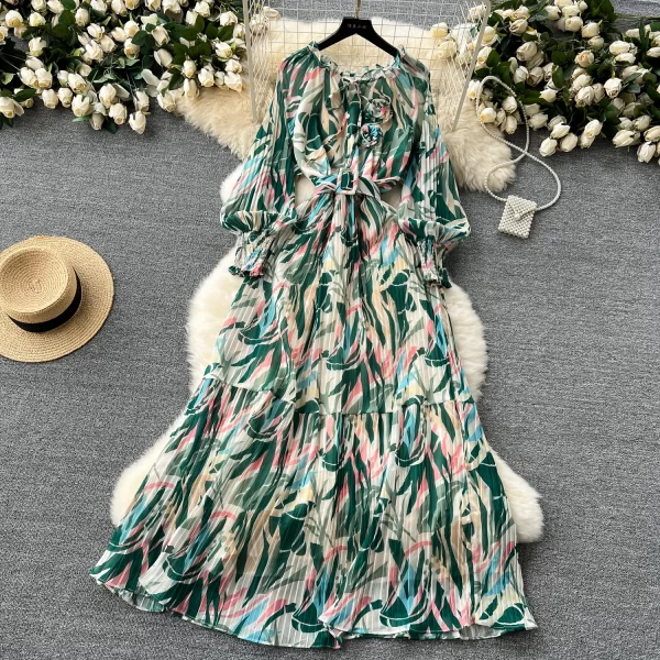 LE2565 Autumn Elegant Party Maxi Dresses Chiffon Pleated Printed Dress Women'S Boutique Bubble Long Sleeve Floral Holiday Robe