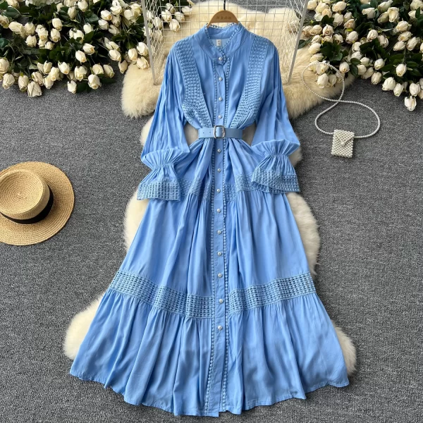 LE2550 Vintage Lace Patchwork Maxi Casual Dress Elegant Women Long Sleeve Lady Evening Gown Socialite Holiday Party Long Dresses